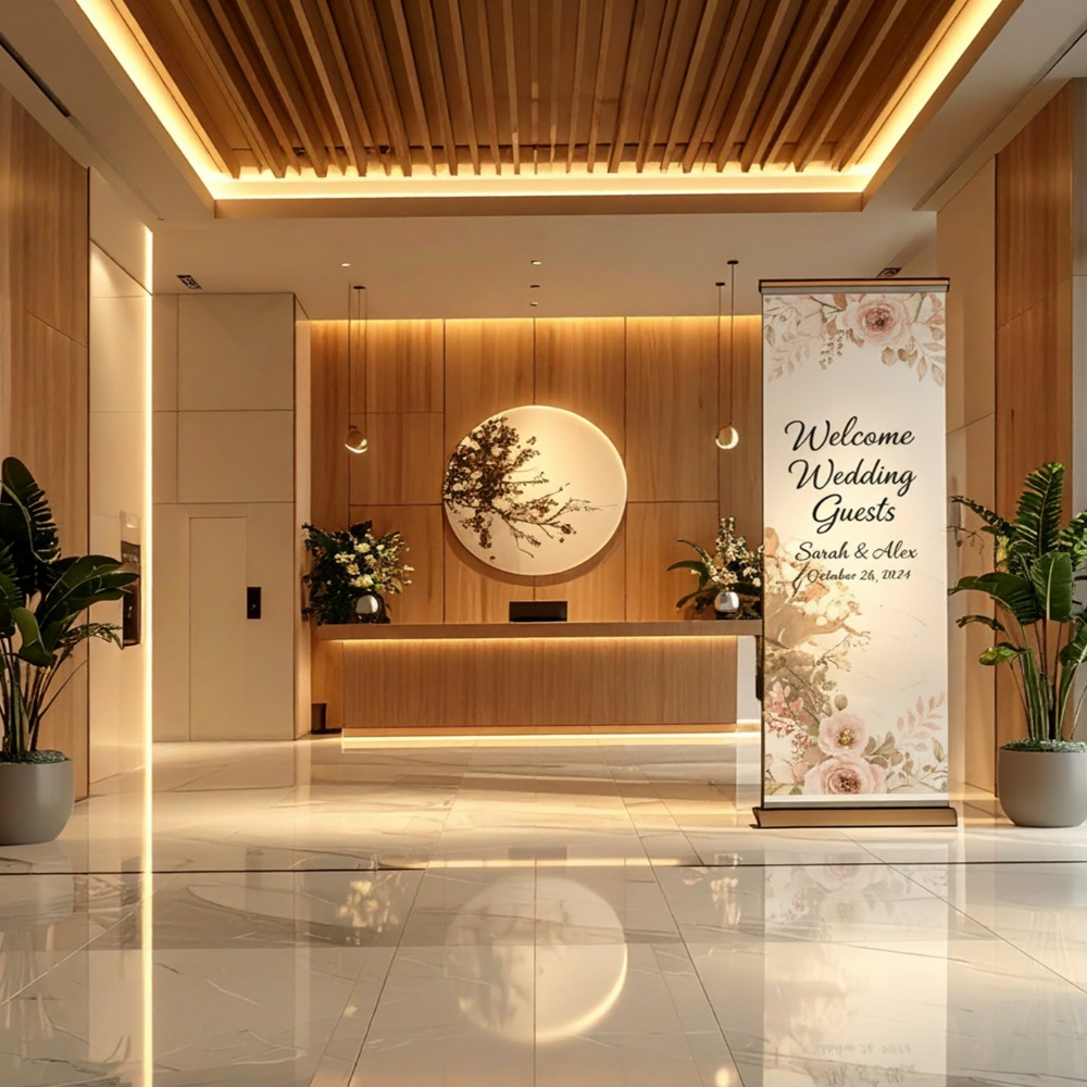 Hotel lobby with custom retractable banner